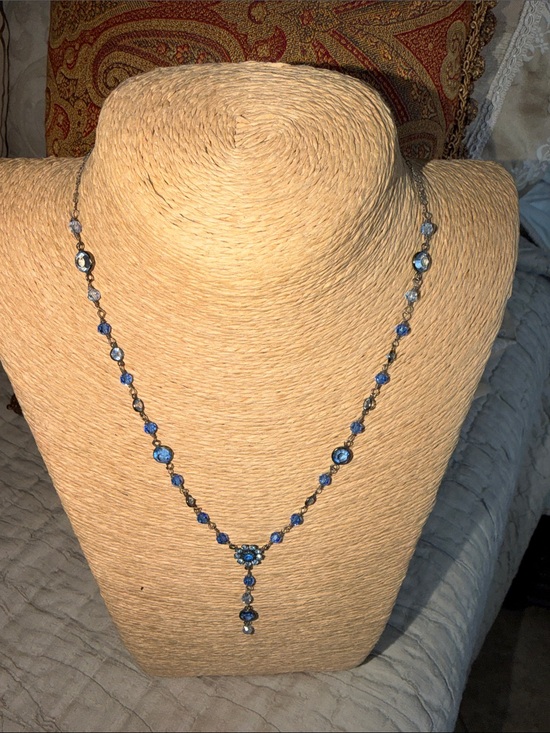 Jewelry - Crystal necklace blue ice cobalt floral center sterling silver oxidized